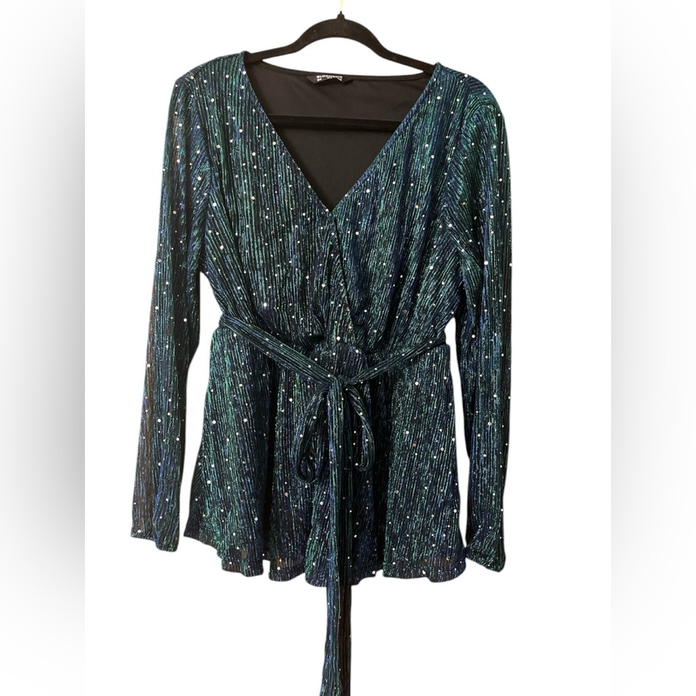 Bloomchic Sequin Mesh Lantern Sleeve Wrap Belted Striped Blouse nwot